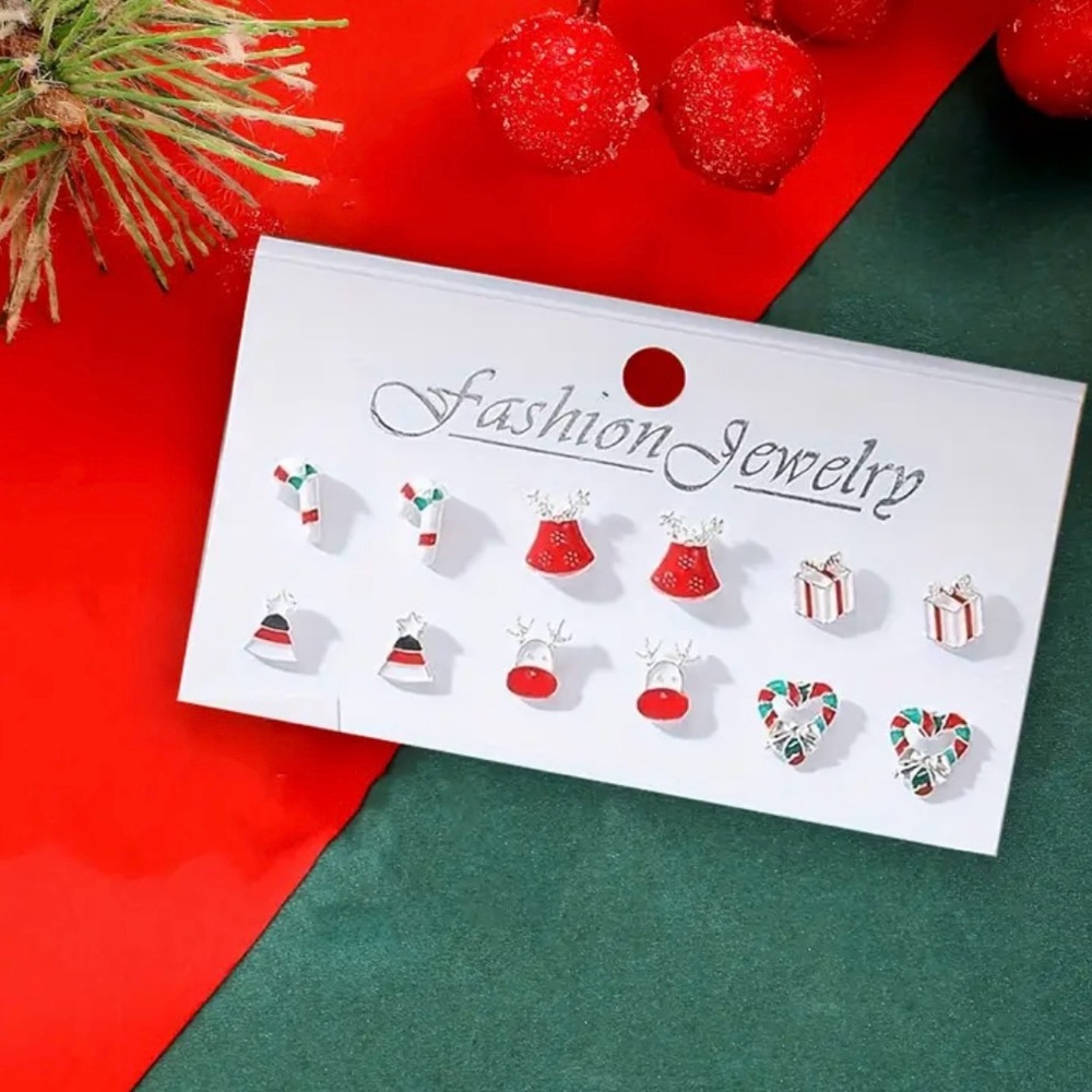 Festive Red and White Holiday Earring Set - 6 Pairs